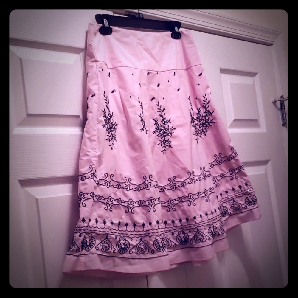 Pink and Black Embroidered A-Line Skirt